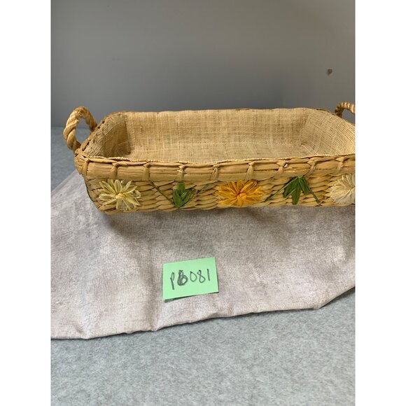 Vintage Handwoven Rattan Storage Basket With Floral Embellishments Handles 11x7 - Picture 11 of 11